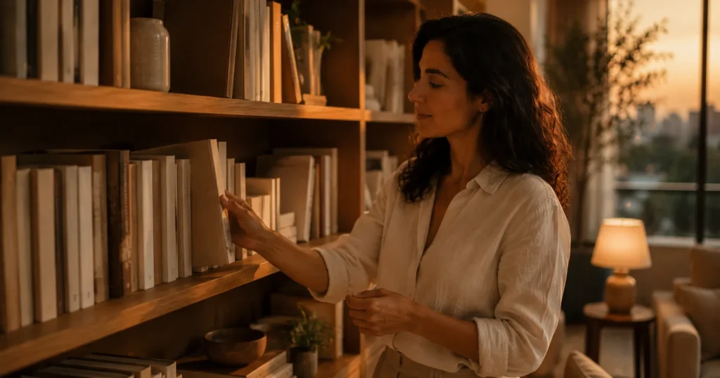 Mulher brasileira escolhendo um livro entre vários sobre uma estante elegante.