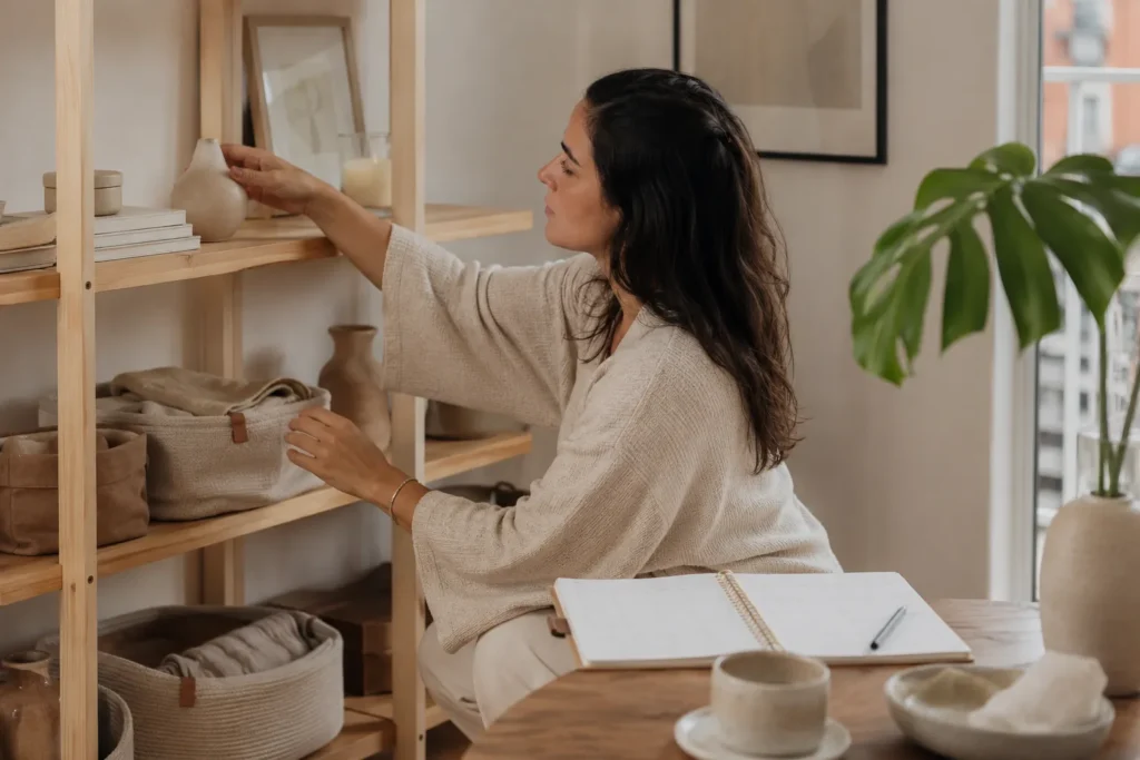 Mulher brasileira organizando uma prateleira clara com planner mensal sobre uma mesa próxima