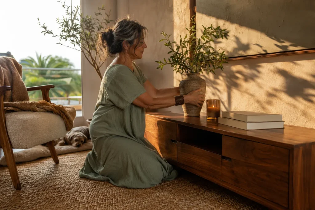 Mulher deixando um pequeno espaço da casa mais acolhedor como forma de autocuidado