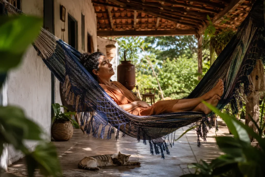 Mulher descansando em uma rede durante a tarde sem celular ou tarefas