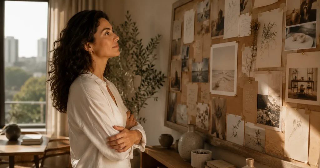 Mulher brasileira observando um mural com fotos, anotações e inspirações.