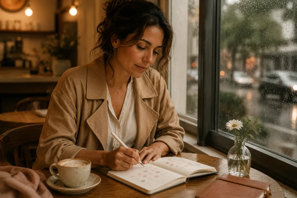 Mulher brasileira escrevendo em um diário emocional em um café tranquilo