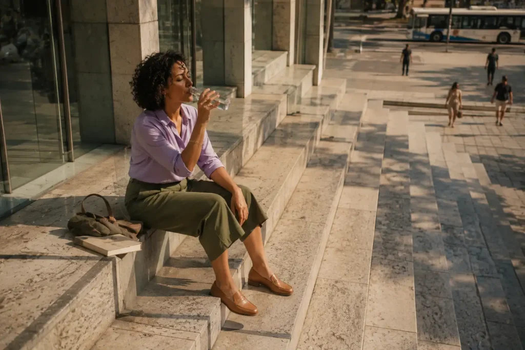 Mulher bebendo água em uma pequena pausa entre compromissos ao longo do dia