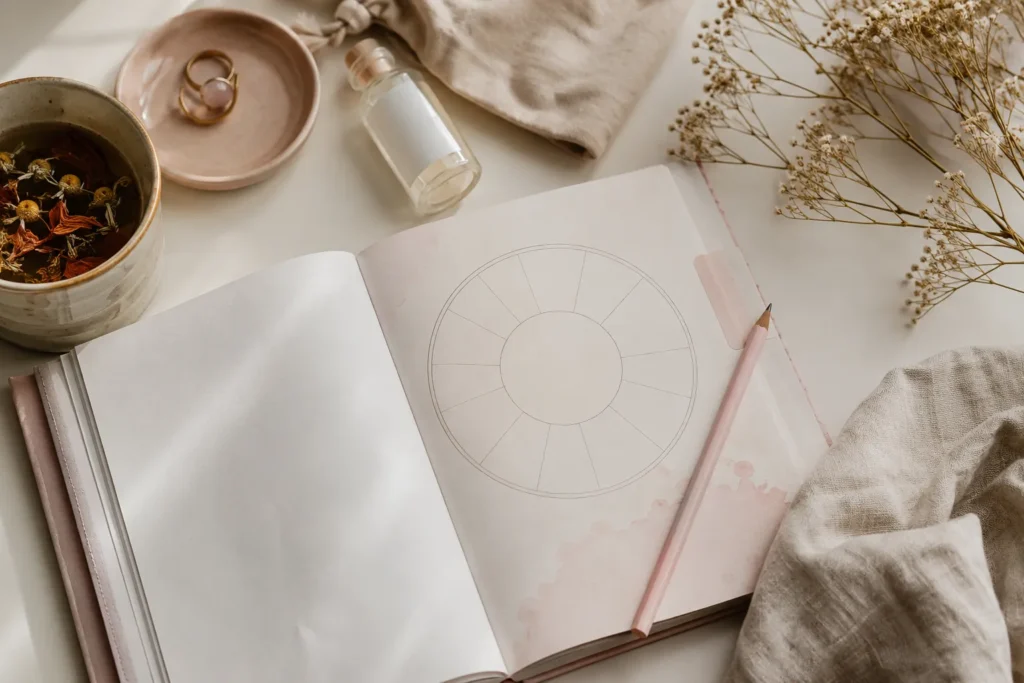 Calendário menstrual delicado sobre mesa clara com itens femininos de autocuidado