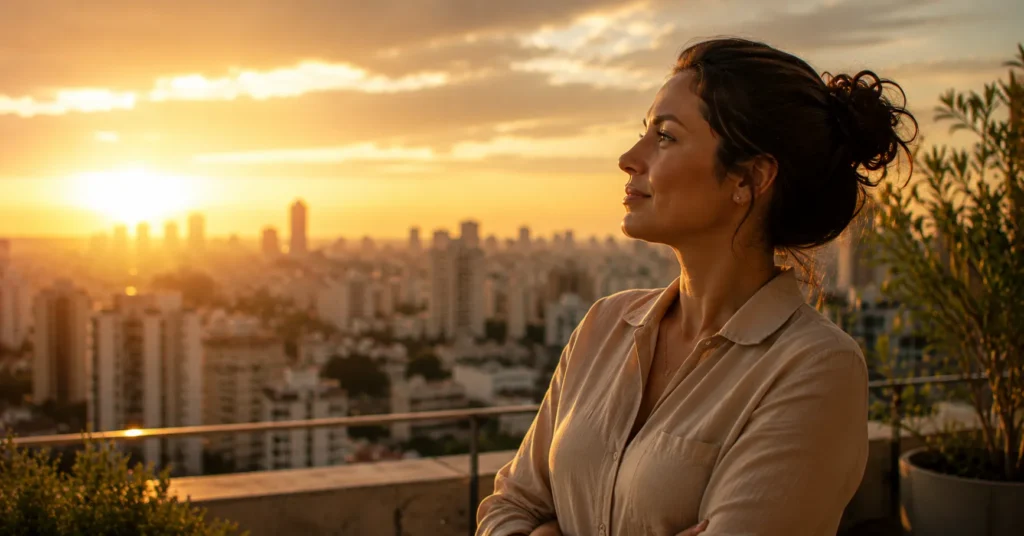 Mulher observando o nascer do sol do alto de um prédio urbano.