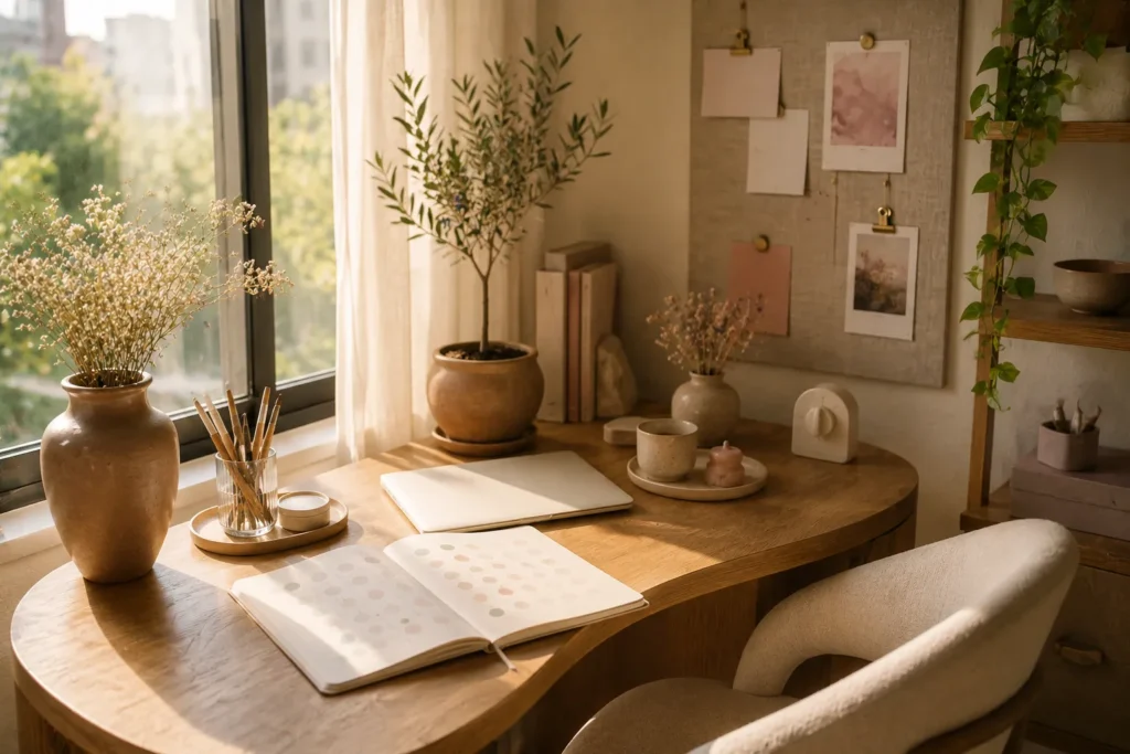 Home office feminino com diário de foco energia e rotina leve
