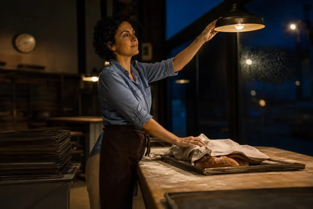 Mulher encerrando seu trabalho no fim da noite antes de finalmente ir para casa descansar