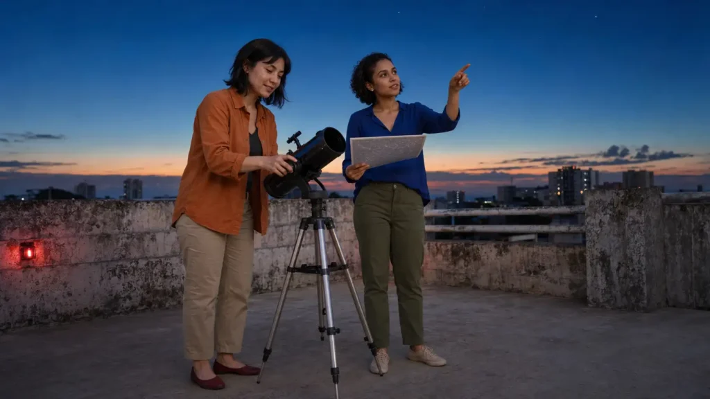 Duas jovens brasileiras observam o céu em um encontro amador de astronomia em Natal