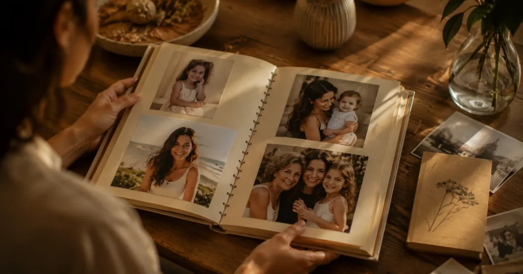 Álbum de fotografias mostrando diferentes fases da vida de uma mulher.