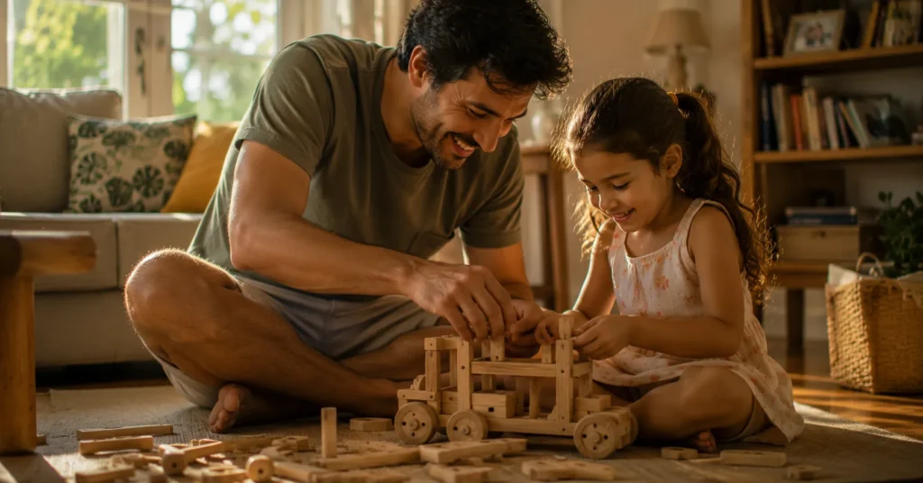 Pai brasileiro ajudando a filha pequena a montar um brinquedo.