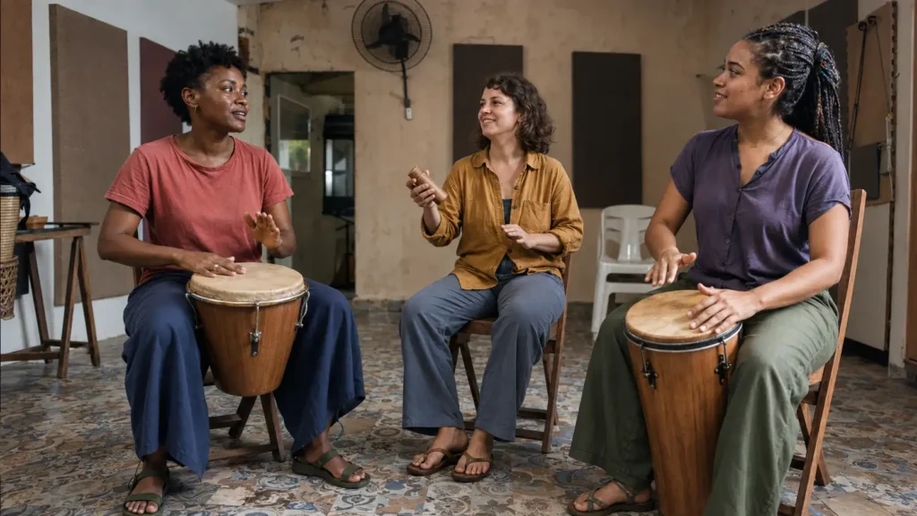 Três jovens brasileiras ensaiam percussão juntas em uma sala comunitária de Olinda