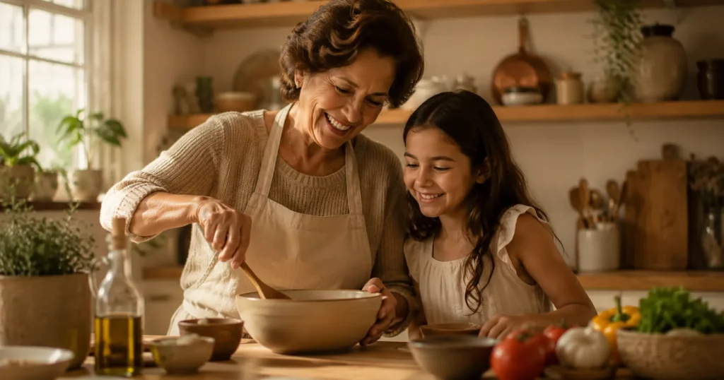 Avó brasileira cozinhando enquanto conversa com sua neta.