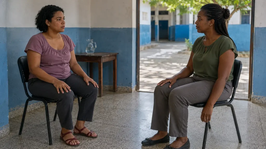 Duas jovens conversam com atenção em uma sala tranquila de um centro público de saúde