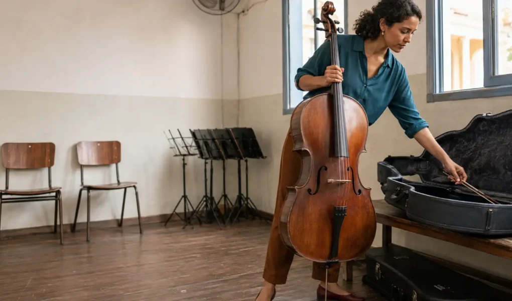 Mulher jovem guarda seu violoncelo após um ensaio em uma escola municipal de música