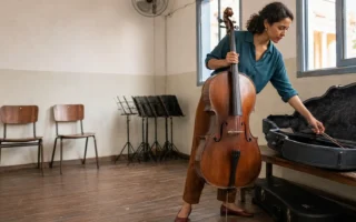 Mulher jovem guarda seu violoncelo após um ensaio em uma escola municipal de música