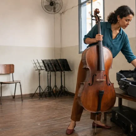 Mulher jovem guarda seu violoncelo após um ensaio em uma escola municipal de música