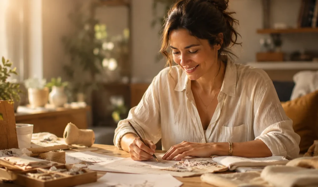 Mulher brasileira sorrindo enquanto trabalha em um projeto criativo em casa.