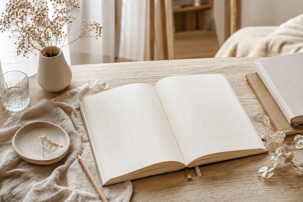 Mesa clara com planner mensal aberto, objetos neutros e luz suave de início de mês