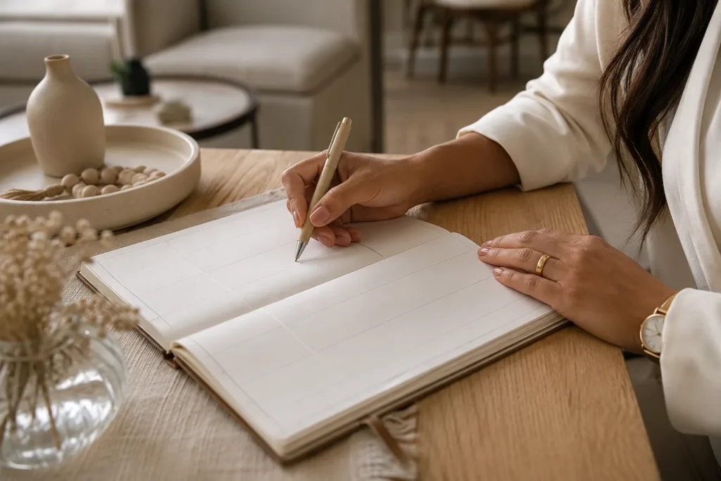 Planner aberto com anotações de intenção da semana em uma mesa elegante e minimalista