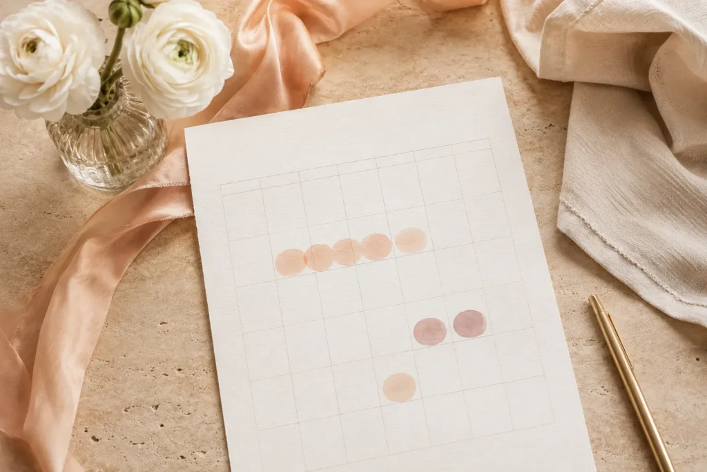 Calendário feminino delicado com marcações suaves representando a janela fértil
