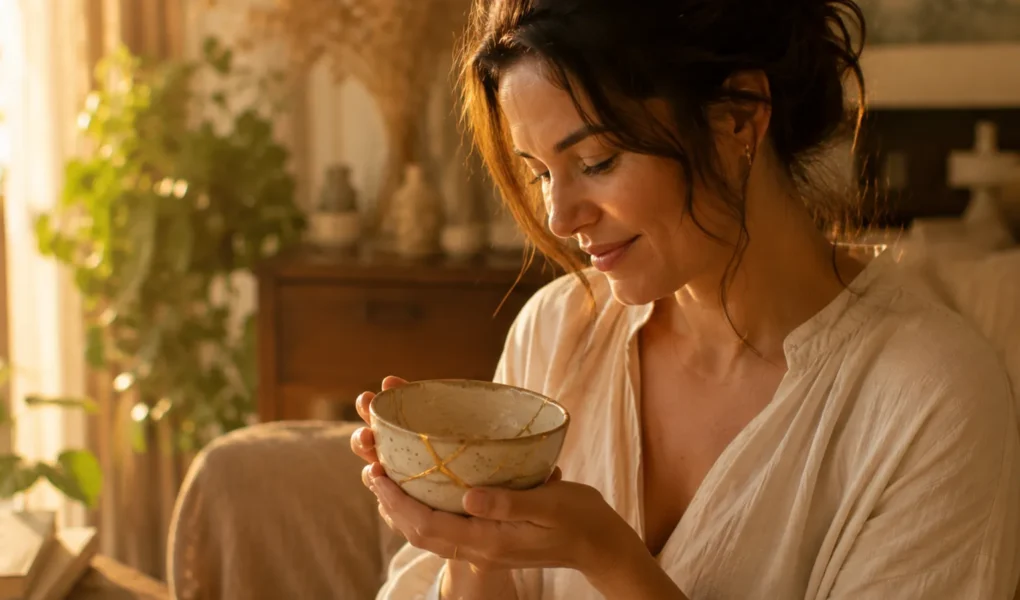 Mulher brasileira segurando uma tigela de cerâmica restaurada com Kintsugi.