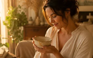 Mulher brasileira segurando uma tigela de cerâmica restaurada com Kintsugi.