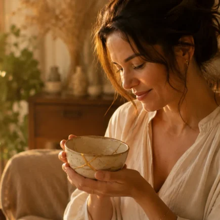 Mulher brasileira segurando uma tigela de cerâmica restaurada com Kintsugi.