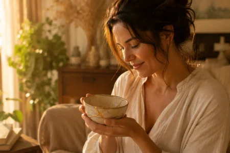 Mulher brasileira segurando uma tigela de cerâmica restaurada com Kintsugi.