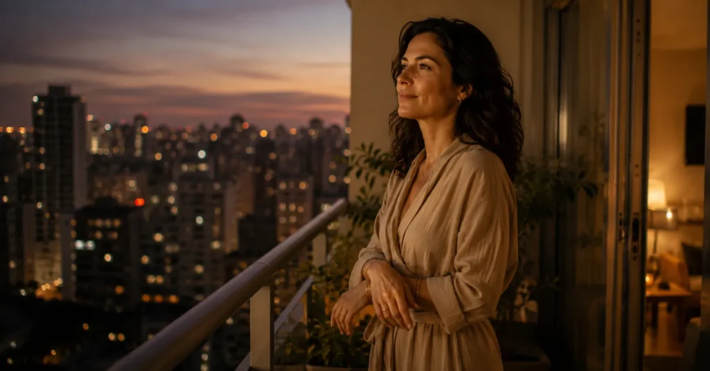 Mulher observando a cidade de uma varanda com expressão tranquila.