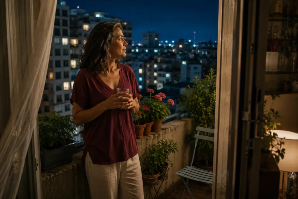 Mulher encerrando o dia com apenas um pequeno copo de água em uma varanda noturna