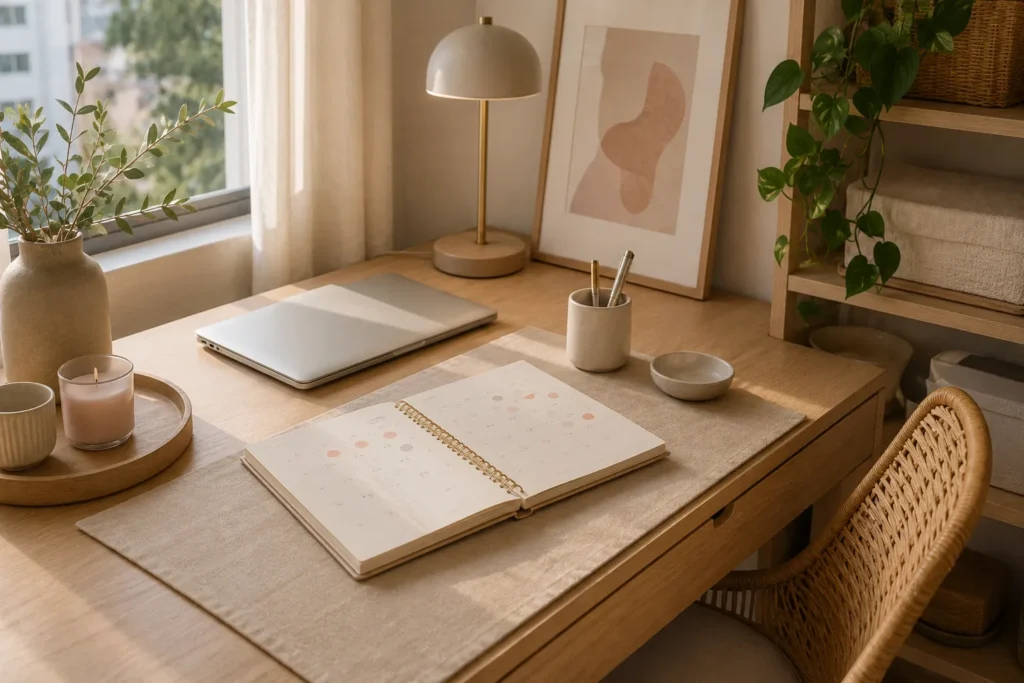 Mesa de home office com calendário menstrual e objetos femininos organizados