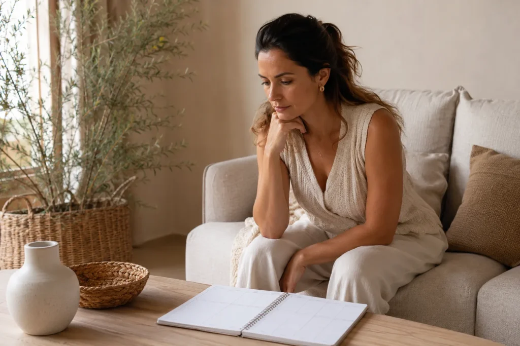 Mulher brasileira observando um planner semanal em uma sala acolhedora com tons neutros