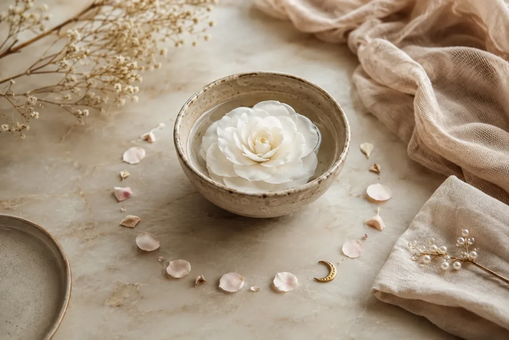 Mesa feminina com elementos delicados representando a ovulação e o ciclo menstrual