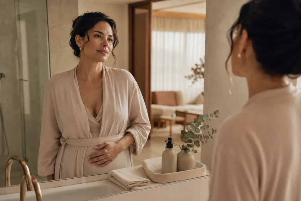 Mulher brasileira observando sinais do corpo em um momento calmo de autocuidado