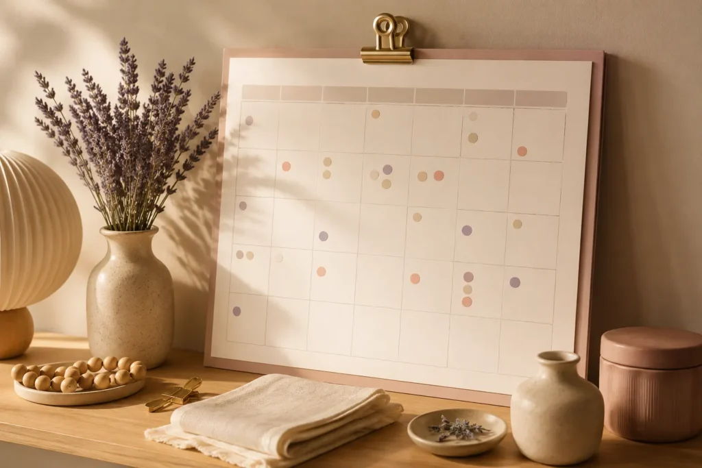 Calendário visual de sintomas da TPM com marcações delicadas e objetos femininos