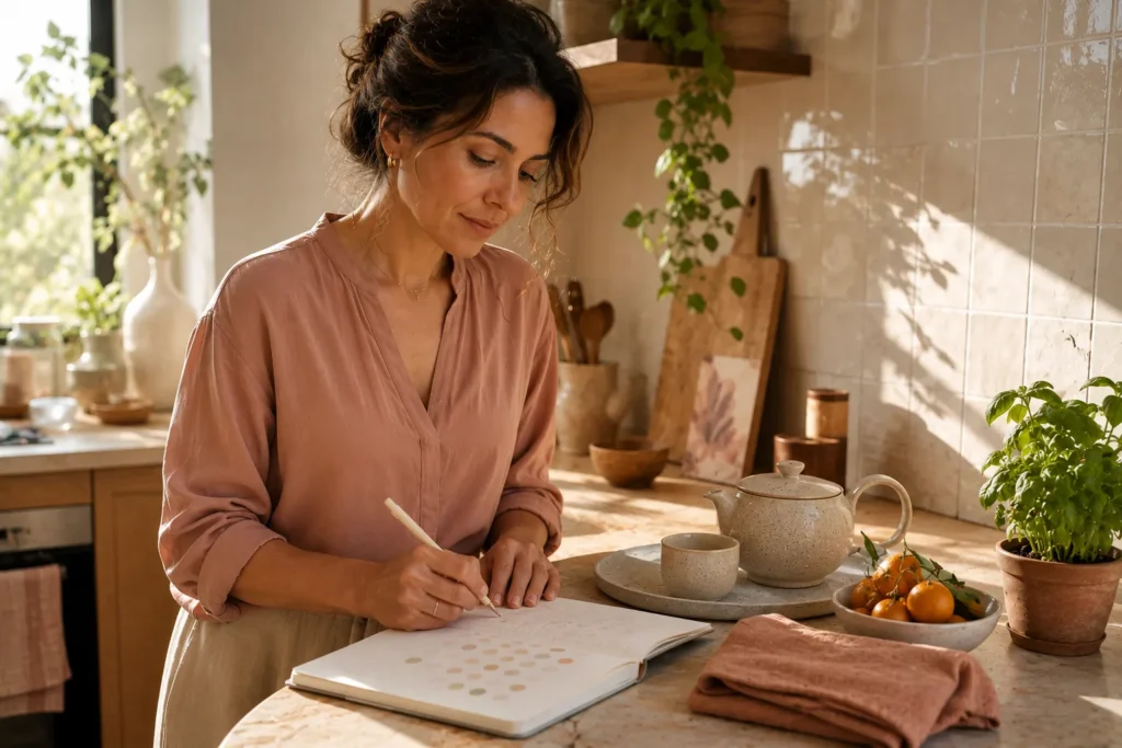 Mulher brasileira registrando uma pequena gratidão na cozinha pela manhã