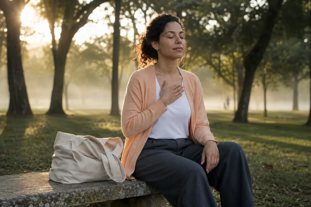Mulher fazendo uma pausa para perceber como está se sentindo antes de começar o dia