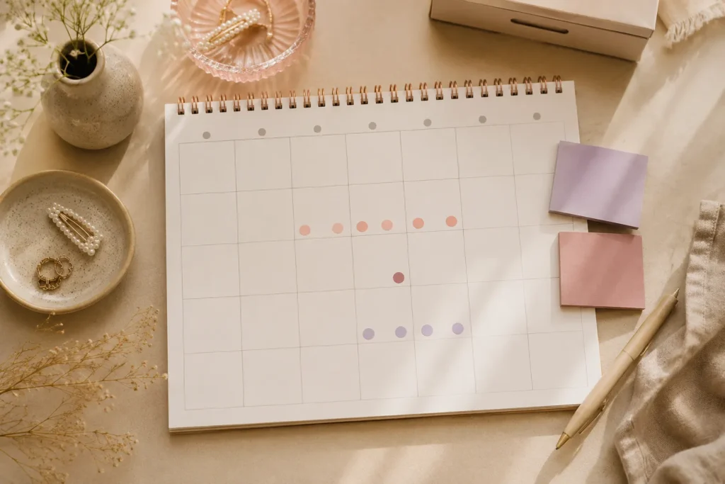 Calendário feminino com marcações delicadas de período fértil e ovulação em mesa aconchegante