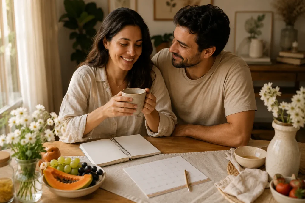 Casal brasileiro em momento tranquilo de planejamento familiar e fertilidade