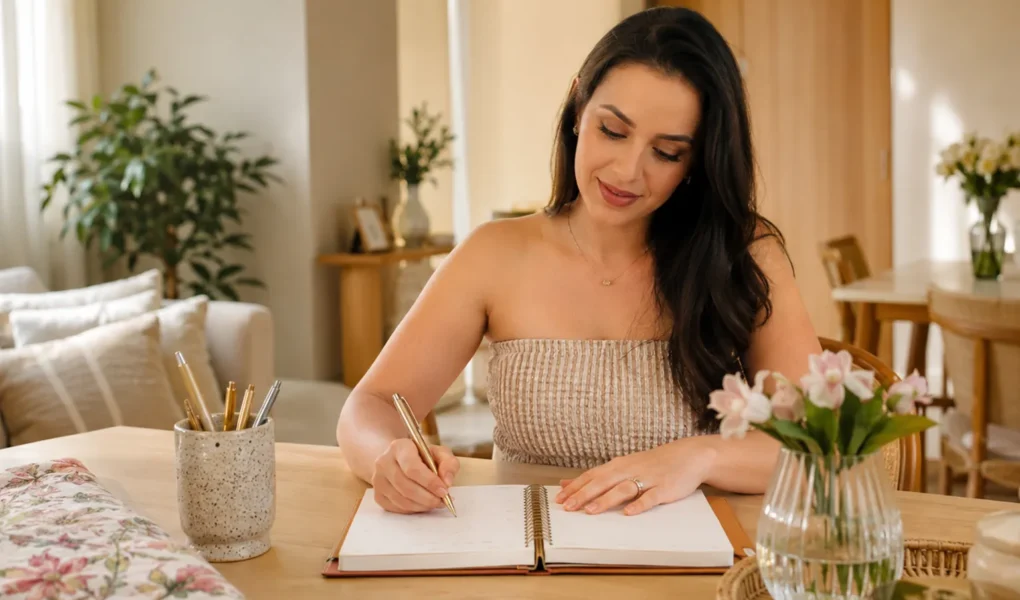 Mulher brasileira organizando a semana em um planner sobre uma mesa clara em ambiente acolhedor