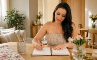 Mulher brasileira organizando a semana em um planner sobre uma mesa clara em ambiente acolhedor