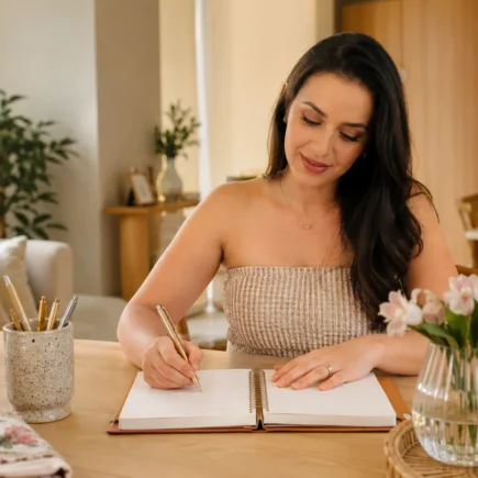 Mulher brasileira organizando a semana em um planner sobre uma mesa clara em ambiente acolhedor