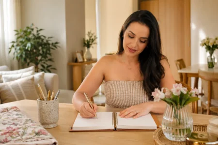 Mulher brasileira organizando a semana em um planner sobre uma mesa clara em ambiente acolhedor