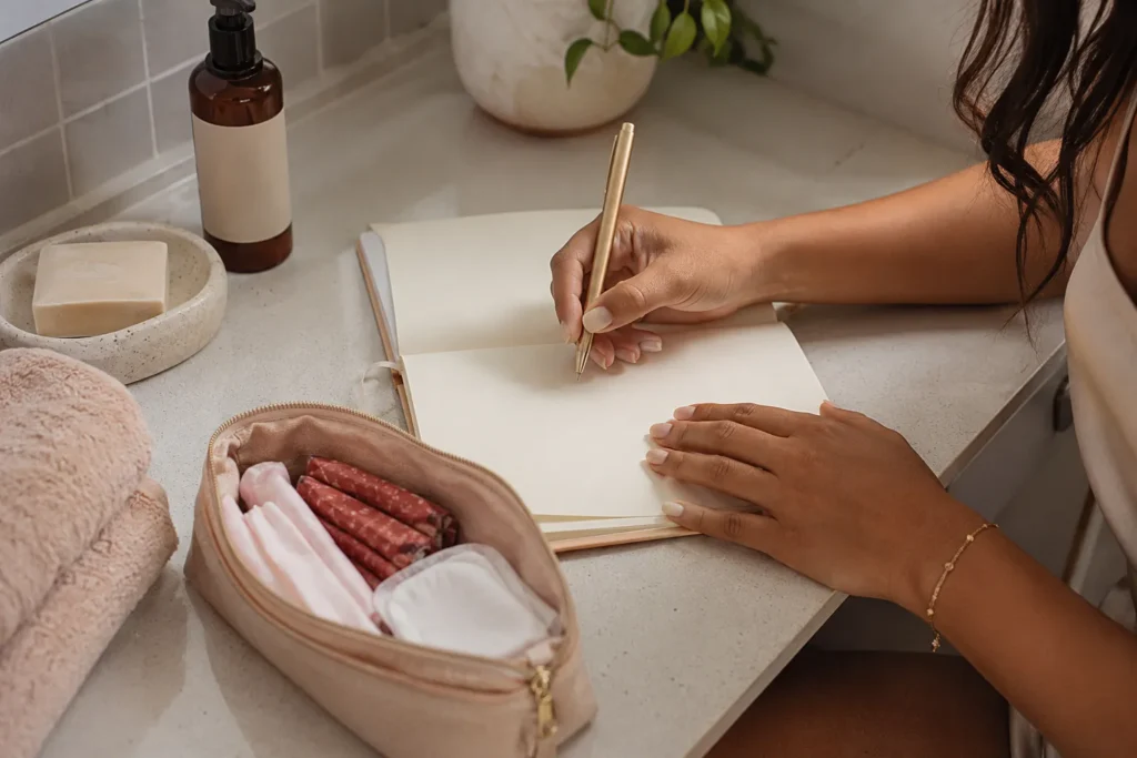 Mulher brasileira anotando previsão da próxima menstruação em caderno delicado