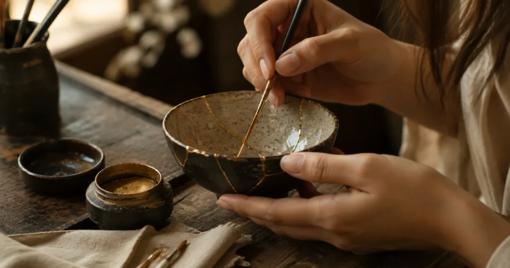 Mãos femininas restaurando uma peça de cerâmica usando ouro.
