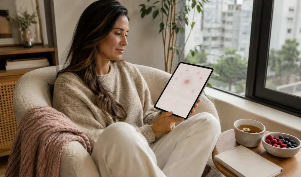 Mulher brasileira usando um rastreador de TPM no tablet em um ambiente acolhedor