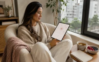 Mulher brasileira usando um rastreador de TPM no tablet em um ambiente acolhedor