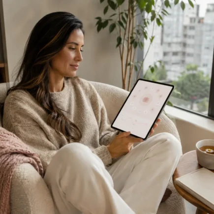 Mulher brasileira usando um rastreador de TPM no tablet em um ambiente acolhedor
