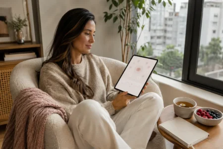 Mulher brasileira usando um rastreador de TPM no tablet em um ambiente acolhedor