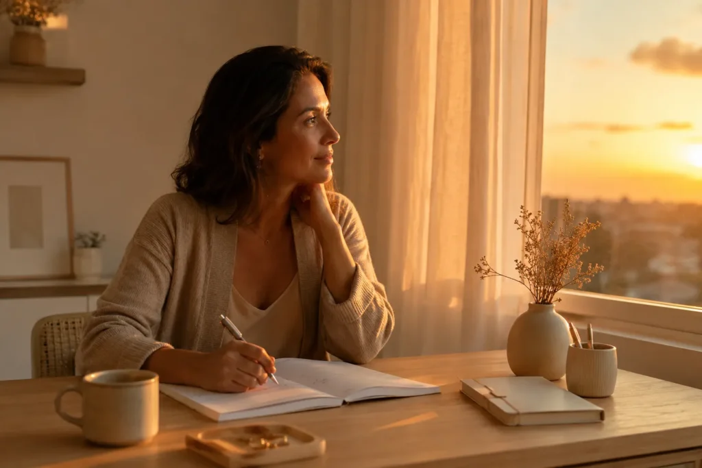 Mulher brasileira refletindo sobre a semana com planner aberto em ambiente acolhedor ao fim do dia